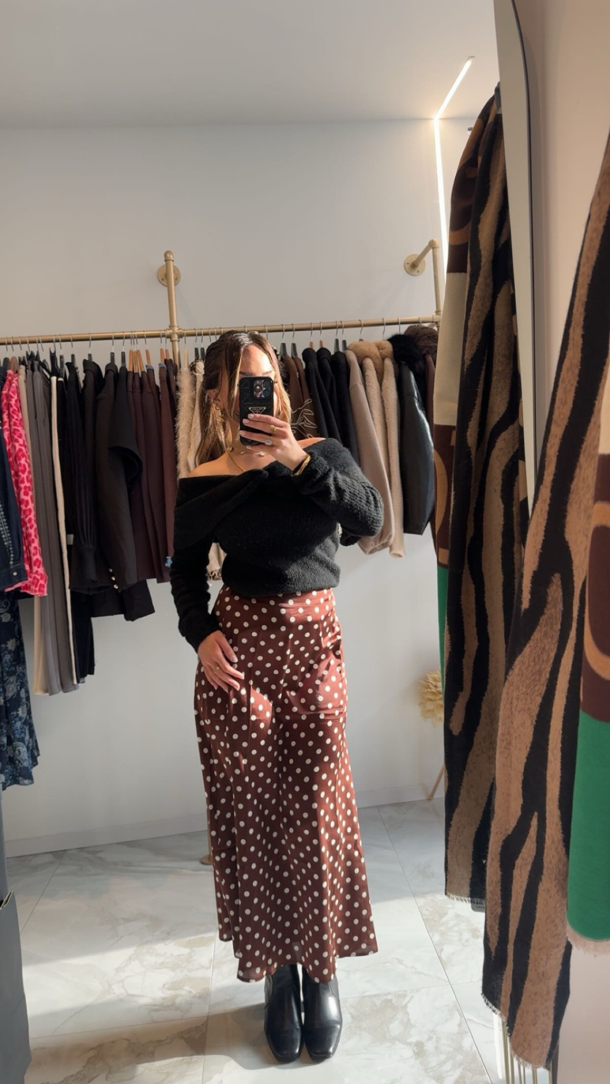 Jupe satin pois marron